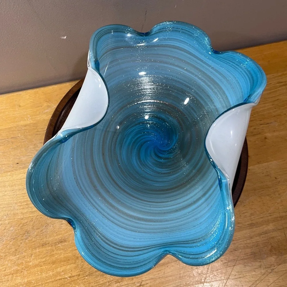 Murano Art Glass Console Bowl Blue White Vtg Swirl Ruffled Glitter 12.5